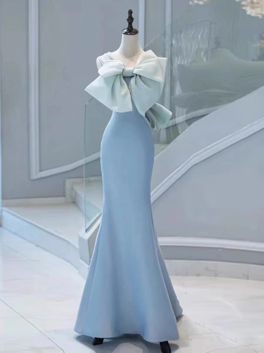 TingPo Wholesale Pretty Mermaid Strapless Blue Satin Long Prom Dress Evening Dresses With Bow